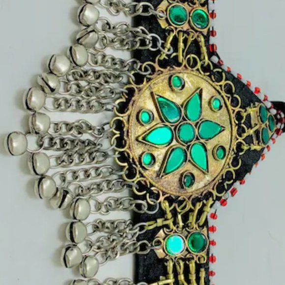 Green Kuchi Afghan Matha Patti, Ethnic Hair Jewelry, Afghan Hair Accessories, main image 6